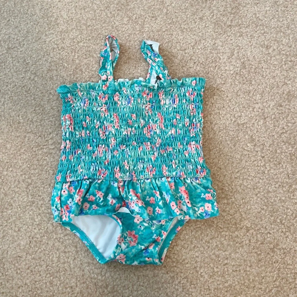 Baby Girl Janie and Jack Ditsy Floral Smocked Swimsuit in sea blue ditsy floral